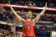 INDIANAPOLIS, IN - NOVEMBER 13: Jose Calderon #8 of the Toronto Raptors celebrates following the NBA game against the Indiana Pacersat Bankers Life Fieldhouse on November 13, 2012 in Indianapolis, Indiana. NOTE TO USER: User expressly acknowledges and agrees that, by downloading and/or using this Photograph, user is consenting to the terms and conditions of the Getty Images License Agreement. (Photo by Andy Lyons/Getty Images)