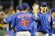 July 23, 2012; Pittsburgh, PA, USA; Chicago Cubs pitcher Ryan Dempster (46) congratulates starting pitcher Jeff Samardzija (29) on defeating the Pittsburgh Pirates during the ninth inning at PNC Park. The Chicago Cubs won 2-0. Mandatory Credit: Charles LeClaire-USA TODAY Sports