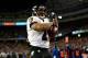 FOXBORO, MA - JANUARY 20: Ray Rice #27 of the Baltimore Ravens celebrates after scoring a touchdown in the second quarter against the New England Patriots during the 2013 AFC Championship game at Gillette Stadium on January 20, 2013 in Foxboro, Massachusetts. (Photo by Jared Wickerham/Getty Images)