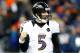 FOXBORO, MA - JANUARY 20: Joe Flacco #5 of the Baltimore Ravens celebrates after throwing a touchdown pass to Dennis Pitta #88 in the third quarter against the New England Patriots during the 2013 AFC Championship game at Gillette Stadium on January 20, 2013 in Foxboro, Massachusetts. (Photo by Jared Wickerham/Getty Images)