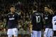 VALENCIA, SPAIN - JANUARY 20: Cristiano Ronaldo (L) of Real Madrid CF celebrates scoring his second goal with team-mates Sami Khedira (R) and Mezut Ozil (2ndR) during the La Liga match between Valencia CF and Real Madrid CF at Estadio Mestalla on January 20, 2013 in Valencia, Spain. (Photo by Gonzalo Arroyo Moreno/Getty Images)