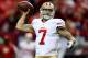 ATLANTA, GA - JANUARY 20: Quarterback Colin Kaepernick #7 of the San Francisco 49ers warms up before taking on the Atlanta Falcons in the NFC Championship game at the Georgia Dome on January 20, 2013 in Atlanta, Georgia. (Photo by Streeter Lecka/Getty Images)