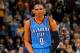 DENVER, CO - JANUARY 20: Russell Westbrook #0 of the Oklahoma City Thunder celebrates after making a shot against the Denver Nuggets at the Pepsi Center on January 20, 2013 in Denver, Colorado. The Nuggets defeated the Thunder 121-118 in overtime. NOTE TO USER: User expressly acknowledges and agrees that, by downloading and or using this photograph, User is consenting to the terms and conditions of the Getty Images License Agreement. (Photo by Doug Pensinger/Getty Images)