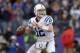 Jan 6, 2013; Baltimore, MD, USA; Indianapolis Colts quarterback Andrew Luck (12) throws a pass against the Baltimore Ravens in the AFC Wild Card playoff game at M&T Bank Stadium. Mandatory Credit: Kirby Lee/USA TODAY Sports