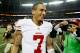 ATLANTA, GA - JANUARY 20: Colin Kaepernick #7 of the San Francisco 49ers celebrates on the field after the 49ers won 28-24 against the Atlanta Falcons in the NFC Championship game at the Georgia Dome on January 20, 2013 in Atlanta, Georgia. (Photo by Kevin C. Cox/Getty Images)
