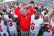 EAST LANSING, MI - SEPTEMBER 29: Head coach Urban Meyer of the Ohio State Buckeyes celebrates with his players after beating the Michigan State Spartans 17-16 at Spartan Stadium on September 29, 2012 in East Lansing, Michigan. (Photo by Gregory Shamus/Getty Images)