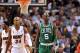 Oct 30, 2012; Miami, FL, USA; Boston Celtics power forward Kevin Garnett (right) and Miami Heat shooting guard Ray Allen (left) during the second half at American Airlines Arena. Mandatory Credit: Steve Mitchell-USA TODAY Sports