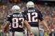 FOXBORO, MA - OCTOBER 7: Wes Welker #83 of the New England Patriots reacts in the end zone with teammate Tom Brady #12 after a touchdown against the Denver Broncos in the first half at Gillette Stadium on October 7, 2012 in Foxboro, Massachusetts. (Photo by Jim Rogash/Getty Images)