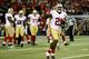 ATLANTA, GA - JANUARY 20: Running back Frank Gore #21 of the San Francisco 49ers celebrates after scoring a nine-yard touchdown in the fourth quarter against the Atlanta Falcons in the NFC Championship game at the Georgia Dome on January 20, 2013 in Atlanta, Georgia. (Photo by Kevin C. Cox/Getty Images)