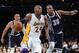 LOS ANGELES, CA - JANUARY 27: Kobe Bryant #24 of the Los Angeles Lakers drives on Kevin Durant #35 and Russell Westbrook #0 of the Oklahoma City Thunder during a 106-95 Laker win at Staples Center on January 27, 2013 in Los Angeles, California. NOTE TO USER: User expressly acknowledges and agrees that, by downloading and or using this photograph, User is consenting to the terms and conditions of the Getty Images License Agreement. (Photo by Harry How/Getty Images)