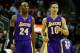 HOUSTON, TX - JANUARY 08: Kobe Bryant #24 and Steve Nash #10 of the Los Angeles Lakers walk across the court during their game against the Houston Rockets at Toyota Center on January 8, 2013 in Houston, Texas. NOTE TO USER: User expressly acknowledges and agrees that, by downloading and or using this photograph, User is consenting to the terms and conditions of the Getty Images License Agreement. (Photo by Scott Halleran/Getty Images)