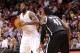 Dec. 1, 2012; Miami, FL, USA; Miami Heat small forward LeBron James (6) is pressured by Brooklyn Nets small forward Gerald Wallace (45) during the second half at American Airlines Arena. Mandatory Credit: Steve Mitchell-USA TODAY Sports