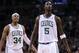 January 23, 2012; Boston, MA, USA; Boston Celtics forward/center Kevin Garnett (5) and small forward Paul Pierce (34) react during the third quarter against the Orlando Magic at TD Banknorth Garden. Mandatory Credit: Greg M. Cooper-USA TODAY Sports