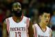 HOUSTON, TX - NOVEMBER 23: James Harden #13 and Jeremy Lin #7 of the Houston Rockets wait for a play against the New York Knicks at the Toyota Center on November 23, 2012 in Houston, Texas. NOTE TO USER: User expressly acknowledges and agrees that, bagainst the Newy downloading and or using this photograph, User is consenting to the terms and conditions of the Getty Images License Agreement. (Photo by Scott Halleran/Getty Images)