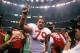 NEW ORLEANS - JANUARY 28: Tackle Harris Barton #79 of the San Francisco 49ers celebrates after the 49ers 55-10 win over the Denver Broncos in Super Bowl XXIV at Louisiana Superdome on January 28, 1990 in New Orleans, Louisiana. (Photo by George Rose/Getty Images)