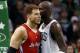 Feb 3, 2013; Boston, MA, USA; Los Angeles Clippers power forward Blake Griffin (left) and Boston Celtics power forward Kevin Garnett (right) exchange words during the second half at TD Garden. Mandatory Credit: Mark L. Baer-USA TODAY Sports