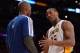 LOS ANGELES, CA - JANUARY 27: Metta World Peace #15 of the Los Angeles Lakers talks to Kobe Bryant #24 of the Los Angeles Lakers during the game against the Oklahoma City Thunder at Staples Center on January 27, 2013 in Los Angeles, California. NOTE TO USER: User expressly acknowledges and agrees that, by downloading and or using this photograph, User is consenting to the terms and conditions of the Getty Images License Agreement. (Photo by Harry How/Getty Images)