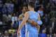 November 10, 2012; Oakland, CA, USA; Denver Nuggets shooting guard Andre Iguodala (9) congratulates small forward Danilo Gallinari (8) after Gallinari made a three-point basket during the second overtime against the Golden State Warriors at ORACLE Arena. The Nuggets defeated the Warriors 107-101 in double overtime. Mandatory Credit: Kyle Terada-USA TODAY Sports