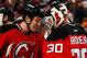 NEWARK, NJ - FEBRUARY 05: Goalie Martin Brodeur #30 and teammate David Clarkson #23 of the New Jersey Devils celebrate the Devils' win over the New York Rangers after an NHL hockey game at Prudential Center as Clarkson scored two goals in the game on February 5, 2013 in Newark, New Jersey. (Photo by Paul Bereswill/Getty Images)