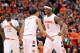 SYRACUSE, NY - JANUARY 21: C.J. Fair #5, Michael Carter-Williams #1 and Baye Moussa Keita #12 of the Syracuse Orange celebrate against the Cincinnati Bearcats during the game at the Carrier Dome on January 21, 2013 in Syracuse, New York. (Photo by Nate Shron/Getty Images)