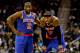 November 20, 2012; New Orleans, LA, USA; New York Knicks small forward Carmelo Anthony (7) reacts with point guard Raymond Felton (2) during the first half of a game at the New Orleans Arena. Mandatory Credit: Derick E. Hingle-USA TODAY Sports