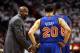 MIAMI, FL - MAY 09: Head Coach Mike Woodson of the New York Knicks chats with Mike Bibby #20 against the Miami Heat in Game Five of the Eastern Conference Quarterfinals in the 2012 NBA Playoffs on May 9, 2012 at the American Airines Arena in Miami, Florida. Miami defeated the Knicks 106-94 to advance to the next round four games to one. NOTE TO USER: User expressly acknowledges and agrees that, by downloading and or using this photograph, User is consenting to the terms and conditions of the Getty Images License Agreement. (Photo by Marc Serota/Getty Images)