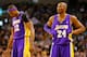 BOSTON, MA - FEBRUARY 7: Kobe Bryant #24 and Dwight Howard #12 of the Los Angeles Lakers look on following a foul against the Boston Celtics during the game on February 7, 2013 at TD Garden in Boston, Massachusetts. NOTE TO USER: User expressly acknowledges and agrees that, by downloading and or using this photograph, User is consenting to the terms and conditions of the Getty Images License Agreement. (Photo by Jared Wickerham/Getty Images)