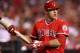 ANAHEIM, CA - SEPTEMBER 10: Mike Trout #27 of the Los Angeles Angels of Anaheim gets ready to bat in the first inning against the Oakland Athletics at Angel Stadium of Anaheim on September 10, 2012 in Anaheim, California. (Photo by Stephen Dunn/Getty Images)
