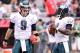 Sept. 23, 2012; Glendale, AZ, USA; Philadelphia Eagles quarterback Nick Foles (9) and quarterback Michael Vick (7) during the game against the Arizona Cardinals at University of Phoenix Stadium. The Cardinals defeated the Eagles 27 - 6. Mandatory Credit: Jennifer Stewart-USA TODAY Sports