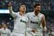 MADRID, SPAIN - APRIL 25: Cristiano Ronaldo of Real Madrid celebrates scoring from the penalty spot with Xabi Alonso of Real Madrid during the UEFA Champions League Semi Final second leg between Real Madrid CF and Bayern Munich at The Bernabeu Stadium on April 25, 2012 in Madrid, Spain. (Photo by Jasper Juinen/Getty Images)
