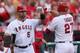 ANAHEIM, CA - SEPTEMBER 08: Mike Trout (R) #27 of the Los Angeles Angels of Anaheim is congratulated by Albert Pujols #5 after hitting a solo home run against the Detroit Tigers in the first inning at Angel Stadium of Anaheim on September 8, 2012 in Anaheim, California. (Photo by Jeff Gross/Getty Images)