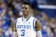 Feb 9, 2013; Lexington, KY, USA; Kentucky Wildcats forward Nerlens Noel (3) reacts during the game against the Auburn Tigers in the second half at Rupp Arena. Kentucky defeated Auburn 72-62. Mandatory Credit: Mark Zerof-USA TODAY Sports
