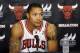 October 1, 2012; Chicago, IL, USA; Chicago Bulls point guard Derrick Rose (1) talks to the media during Chicago Bulls media day at the Berto Center. Mandatory Credit: David Banks-USA TODAY Sports