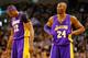BOSTON, MA - FEBRUARY 7: Kobe Bryant #24 and Dwight Howard #12 of the Los Angeles Lakers look on following a foul against the Boston Celtics during the game on February 7, 2013 at TD Garden in Boston, Massachusetts. NOTE TO USER: User expressly acknowledges and agrees that, by downloading and or using this photograph, User is consenting to the terms and conditions of the Getty Images License Agreement. (Photo by Jared Wickerham/Getty Images)