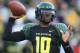 EUGENE, OR - NOVEMBER 03: Quarterback Dennis Dixon #10 of the Oregon Ducks passes against the Arizona State Sun Devils at Autzen Stadium on November 3, 2007 in Eugene, Oregon. The Ducks defeated the Sun Devils 35-23. (Photo by Otto Greule Jr/Getty Images)
