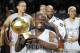 Feb 15, 2013; Houston, TX, USA; Television personality and comedian Kevin Hart reacts as he holds the MVP trophy after the 2013 NBA all star celebrity game at the George R. Brown Convention Center. Mandatory Credit: Brett Davis-USA TODAY Sports