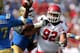 PASADENA, CA - OCTOBER 13: Defensive tackle Star Lotulelei #92 of the Utah Utes battles offensive lineman Torian White #77 of the UCLA Bruins as he rushes quarterback Brett Hundley #17 at the Rose Bowl on October 13, 2012 in Pasadena, California. UCLA won 21-14. (Photo by Stephen Dunn/Getty Images)