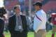 October 30, 2011; San Francisco, CA, USA; San Francisco 49ers general manager Trent Baalke (left) talks with quarterbacks coach Geep Chryst (right) before the game against the Cleveland Browns at Candlestick Park. The 49ers defeated the Browns 20-10. Mandatory Credit: Kyle Terada-USA TODAY Sports
