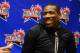 Feb 15, 2013; Houston, TX, USA; Dunk contest participant Eric Bledsoe of the Los Angeles Clippers speaks to the media during the a press conference for the all star Saturday night participants at the Hilton Americas. Mandatory Credit: Bob Donnan-USA TODAY Sports