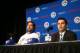 TORONTO, CANADA - JANUARY 08: R.A. Dickey #43 of the Toronto Blue Jays is introduced at a press conference by general manager Alex Anthopoulos at Rogers Centre on January 8, 2013 in Toronto, Ontario, Canada. (Photo by Tom Szczerbowski/Getty Images)