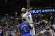 Apr 22, 2012; Atlanta, GA, USA; Atlanta Hawks power forward Josh Smith (5) shoots over New York Knicks power forward Amare Stoudemire (1) during the first half at Philips Arena. Mandatory Credit: Paul Abell-USA TODAY Sports