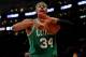 LOS ANGELES, CA - FEBRUARY 20: Paul Pierce #34 of the Boston Celtics signals for a travelling call against the Los Angeles Lakers at Staples Center on February 20, 2013 in Los Angeles, California. The Lakers won 113-99. NOTE TO USER: User expressly acknowledges and agrees that, by downloading and or using this photograph, User is consenting to the terms and conditions of the Getty Images License Agreement. (Photo by Stephen Dunn/Getty Images)