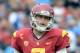 PASADENA, CA - NOVEMBER 17: Matt Barkley #7 of the USC Trojans reacts to his incompletion on fourth down during the first quarter against the UCLA Bruins at Rose Bowl on November 17, 2012 in Pasadena, California. (Photo by Harry How/Getty Images)