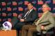 Jan 7, 2013; Orchard Park, NY, USA; new Buffalo Bills head coach Doug Marrone (left) sits next to general manager Buddy Nix at a press conference at Ralph Wilson Stadium. Mandatory Credit: Kevin Hoffman-USA TODAY Sports