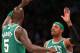 LOS ANGELES, CA - FEBRUARY 20: Kevin Garnett #5 and Paul Pierce #34 of the Boston Celtics high five during the game against the Los Angeles Lakers at Staples Center on February 20, 2013 in Los Angeles, California. NOTE TO USER: User expressly acknowledges and agrees that, by downloading and or using this photograph, User is consenting to the terms and conditions of the Getty Images License Agreement. (Photo by Stephen Dunn/Getty Images)