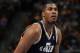 DENVER, CO - NOVEMBER 09: Derrick Favors #15 of the Utah Jazz takes a free throw against the Denver Nuggets at the Pepsi Center on November 9, 2012 in Denver, Colorado. The Nuggets defeated the Jazz 104-84. NOTE TO USER: User expressly acknowledges and agrees that, by downloading and or using this photograph, User is consenting to the terms and conditions of the Getty Images License Agreement. (Photo by Doug Pensinger/Getty Images)