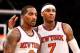 Feb. 27, 2013; New York, NY, USA; New York Knicks small forward Carmelo Anthony (7) pats shooting guard J.R. Smith (8) on the back against the Golden State Warriors during the fourth quarter at Madison Square Garden. Knicks won 109-105. Mandatory Credit: Debby Wong-USA TODAY Sports