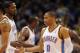 Feb 27, 2013; Oklahoma City, OK, USA; Oklahoma City Thunder guard Russell Westbrook (0) congratulates Thunder forward Kevin Durant (35) in action against the New Orleans Hornets during the second half at Chesapeake Energy Arena. Mandatory Credit: Mark D. Smith-USA TODAY Sports