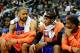 October 11, 2012; Washington, DC, USA; New York Knicks center Tyson Chandler (l) talks with Knicks forward Carmelo Anthony (r) on the bench against the Washington Wizards in the first half at Verizon Center. Mandatory Credit: Geoff Burke-USA TODAY Sports