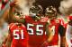 Dec 16, 2012; Atlanta, Georgia, USA; Atlanta Falcons defensive end John Abraham (55) leads the defense onto the field before the game at The Georgia Dome. The Falcons defeated the Giants 34-0. Mandatory Credit: Josh D. Weiss-USA TODAY Sports